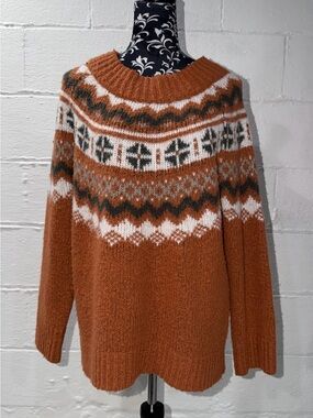 Aerie Fair Isle Chunky Knit Sweater Rust Orange Cozy Oversized Pullover | Size M